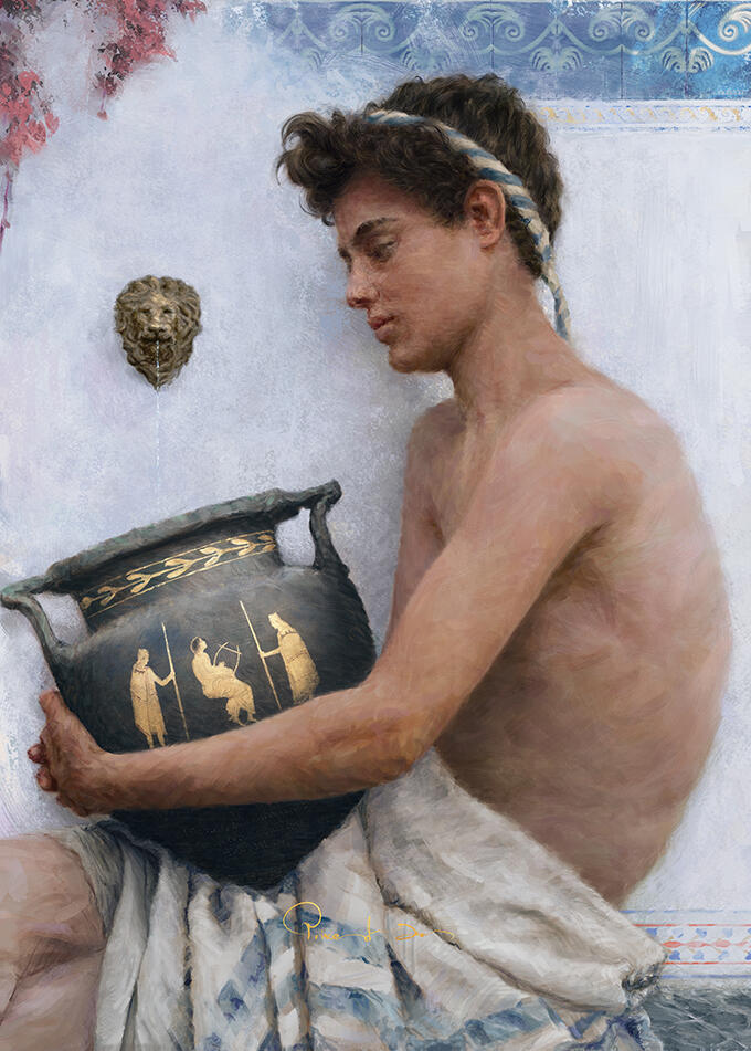 a boy holding a ancient greek vase with Orpheus depicted in it.