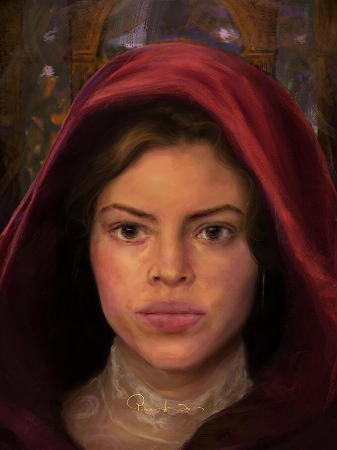 portrait painting of a woman on a medieval red coat
